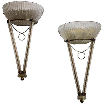 Vintage Pair of Murano Glass and Brass Wall Sconces