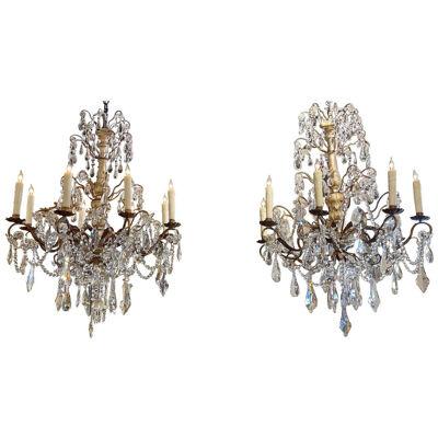 Pair of Antique Italian Crystal and Wood 8 Light Chandeliers