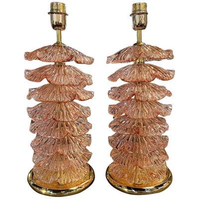 Pair of Modern Pink Murano Glass Layered Ruffle Lamps