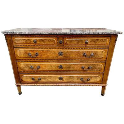 19th Century French Burl Walnut Commode with Grey Marble Top