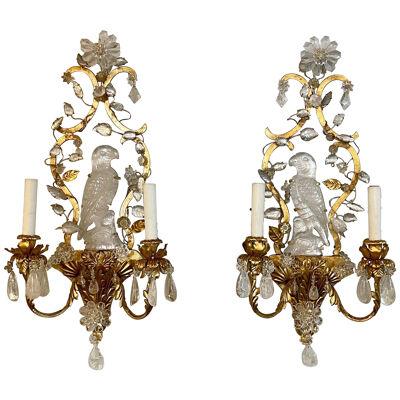 Pair of Italian Bagues Style Rock Crystal Parrot Form Sconces
