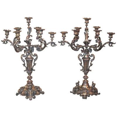 Superb Pair of Continental Silvered Candelabra