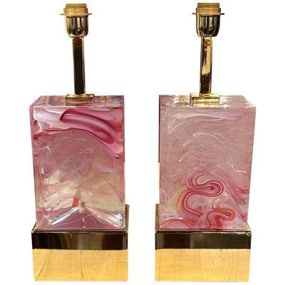 Pair of Pink Murano Glass Block Lamps