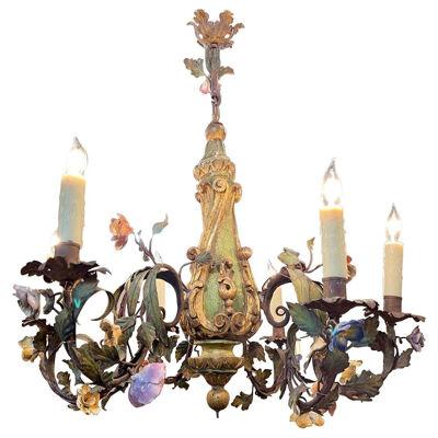 19th Century Italian Carved Parcel Giltwood Chandelier with Porcelain Flowers