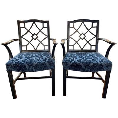 Pair of Vintage English Black Lacquered Armchairs