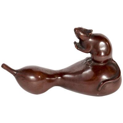 Japanese bronze sculpture mouse on a squash