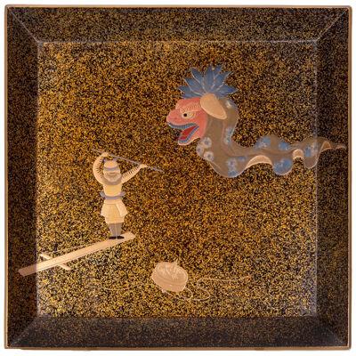 Japanese lacquer tray with a dragon and a samurai