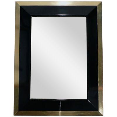 French J.C. Mahey Wall Mirror in Black Lacquer and Brass, 1970s