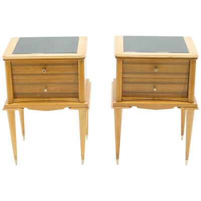 French Sycamore Nightstands 2 Drawers Attributed to Suzanne Guiguichon, 1950s