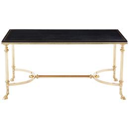 Maison Charles neoclassical coffee table brass black leather 1970s