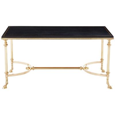 Maison Charles neoclassical coffee table brass black leather 1970s
