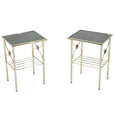 French Gilded Metal and Black Opaline Glass End Tables, 1960s
