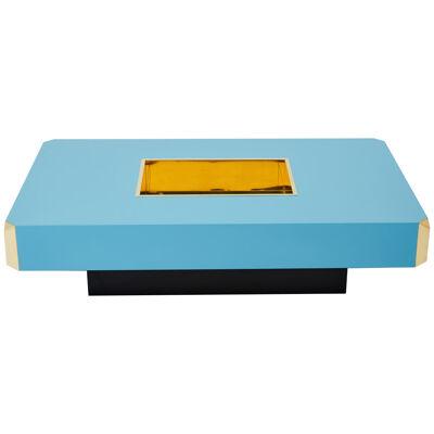 Willy Rizzo blue lacquer and brass bar coffee table Alveo 1970s