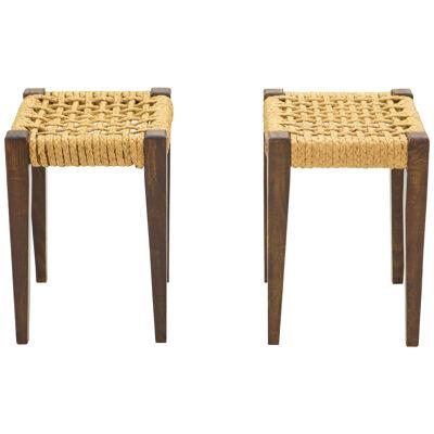 Pair of Stools Rope and Oakwood by Audoux Minet, 1950s