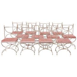 Maison Jansen 12 curule chairs steel brass pink velvet 1960s