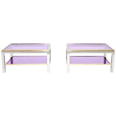 Pair of Two-Tier Brass Chrome End Tables Willy Rizzo Flaminia, 1970s