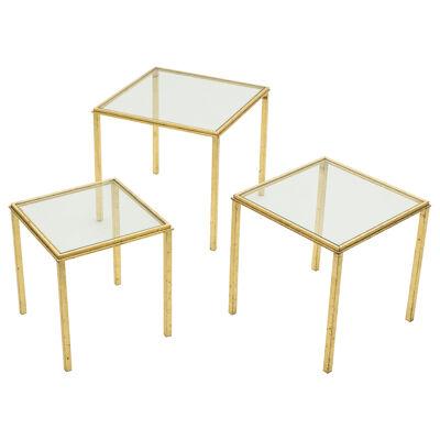 Midcentury Roger Thibier Gilt Wrought Iron Gold Leaf Nesting Tables, 1960s