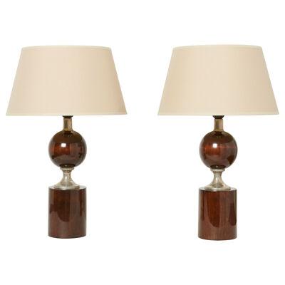 Pair of French walnut table lamps by Philippe Barbier 1970s