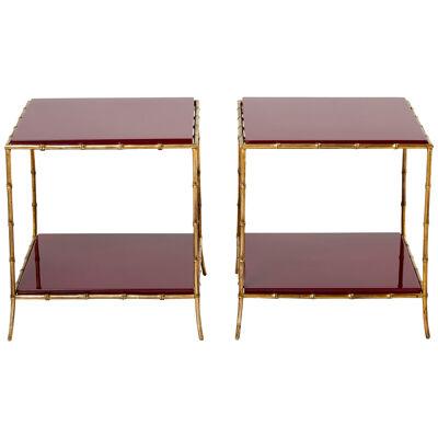 Pair of Maison Baguès bamboo brass red lacquer end tables 1960s