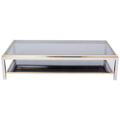 Willy Rizzo Two-Tier brass chrome smoked glass coffee table Flaminia 1970s