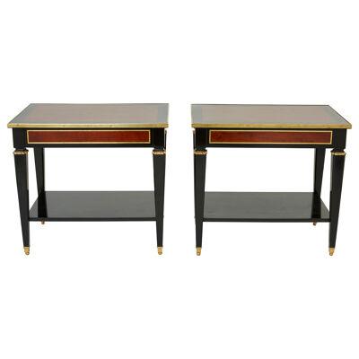 Pair of Maison Jansen black wood mahogany brass end tables 1950s