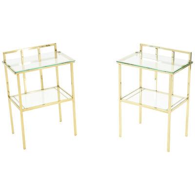 French Brass Two-Tier Glass End Tables Attributed to Marc du Plantier, 1960s