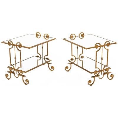 French pair of gilt wrought iron mirror two-tier end tables 1950s 