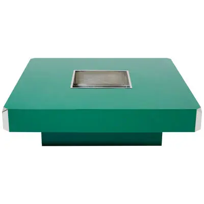 Willy Rizzo green lacquer and chrome square bar coffee table Alveo 1970s