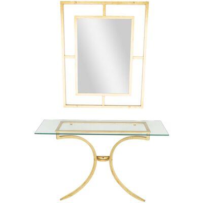 Rare Roger Thibier Gilt Wrought Iron Gold Leaf Console Table with Mirror, 1960s