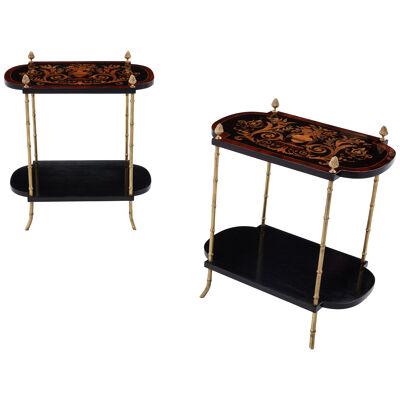 Maison Baguès bronze bamboo wood marquetry side tables 1940s