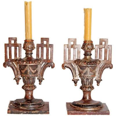 Pair of Italian Neoclassical Giltwood Carved Candleholders