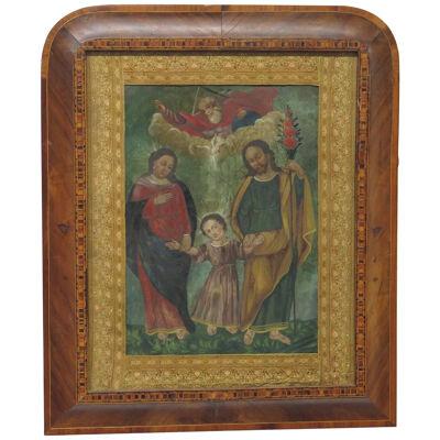 Spanish Colonial / Mexican "Holy Family" Oil on Tin Retablo