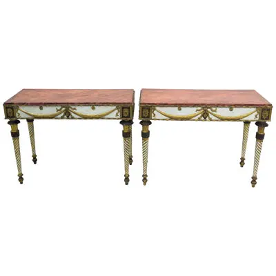 Neoclassic Style Painted Console Tables with Faux Marble Tops