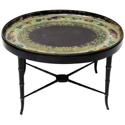 Large Oval Hand-Painted Papier-mâché Tray on Faux Bamboo Stand