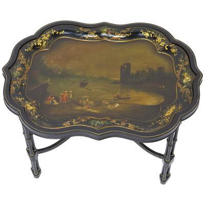 English Hand-Painted and Gilded Papier-mâché Tray on Stand