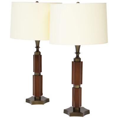 Pair of Mid-Century Modern Mahogany and Brass Lamps