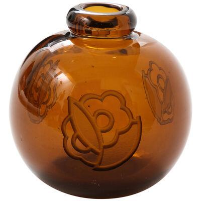 Art Deco Acid Etched Amber glass Vase. By Jean Luce.