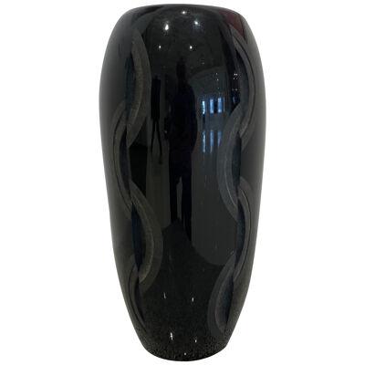 Tall geometric black acid etched vase by Jean Luce.