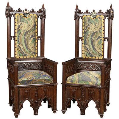 AF2-120: PAIR OF ENGLISH MID 19TH C GOTHIC REVIVAL HIGH BACK THRONE CHAIRS