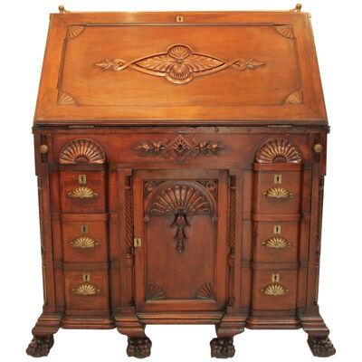 19thC American Aesthetic Heavily Carved Mahogany Kneehole Slant-front Desk