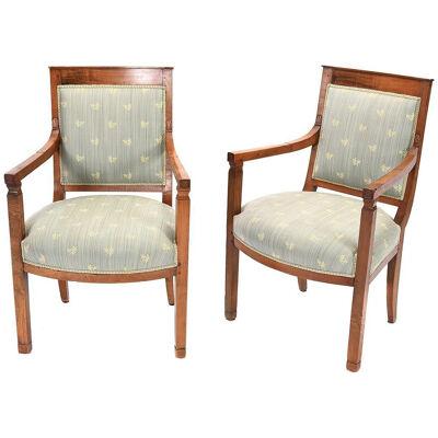 AF2-242: PAIR OF EARLY 19TH C FRENCH DIRECTOIRE FRUITWOOD FAUTEUIL ARMCHAIRS