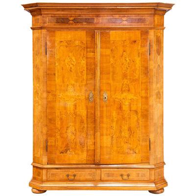 AF3-050: EARLY 19th C MARQUETRY DECORATED BIEDERMEIER ARMOIRE