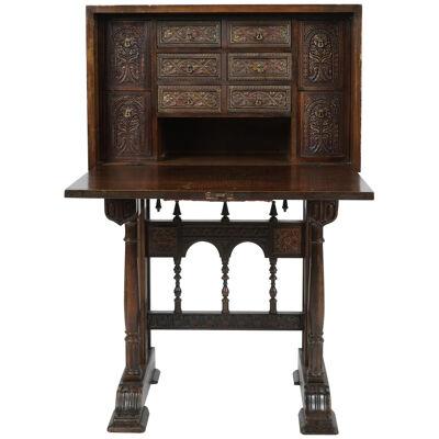 AF5-111: ANTIQUE EARLY 20TH C SPANISH STYLE WALNUT VARGUENO ON STAND
