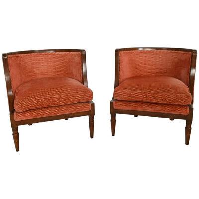AF2-027: MID 20TH C PAIR OF MAHOGANY EMPIRE STYLE UPHOLSTERED BARREL CHAIRS