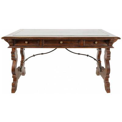 AF5-030: LATE 20TH CENTURY SPANISH COLONIAL REVIVAL LIBRARY TABLE W/ LEATHER TOP