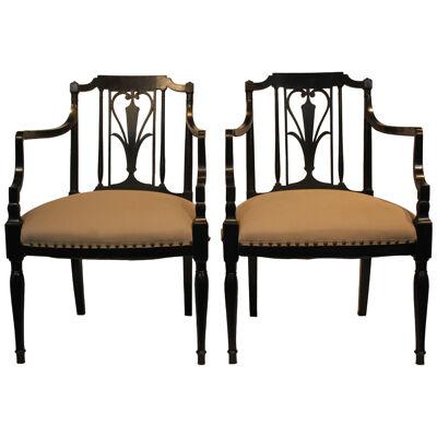 AF2-136: Pair of Early 20th C French Directoire Style Open Arm Chairs