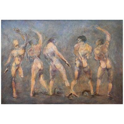 AW015: NUDE MALE IN MOTION - D. KING - CIRCA 1994 - OIL ON CANVAS