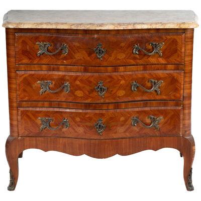 LATE 19 TRANSITIONAL STYLE FRENCH KINGWOOD MARQUETRY MARBLE TOP CHEST OF DRAWER