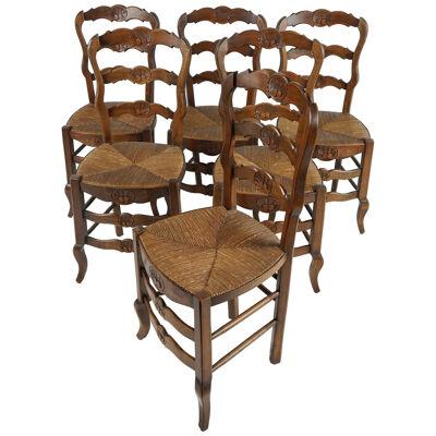 AF2-008: SET OF 6 LATE 19TH CENTURY FRENCH PROVINCIAL BEECH WOOD  DINING CHAIRS