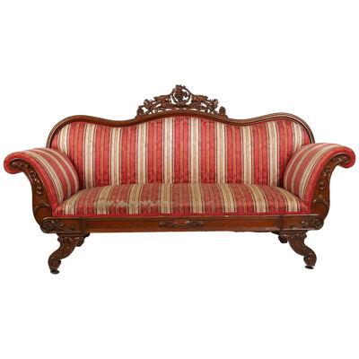 Mid 19th C American Victorian Rococo Revival Carved Walnut Upholstered Sofa